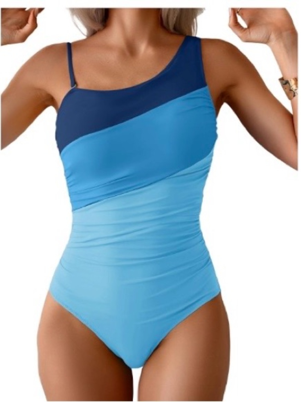 Women’s One-Shoulder Blue Ombre Swim One-Piece - Picture 2 of 6